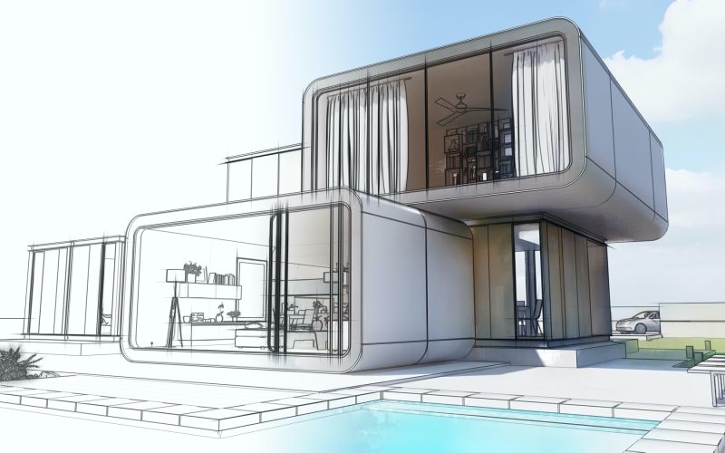 Original architecture home design 3D rendering of a house, architecture draft of a luxury house with garden and pool
